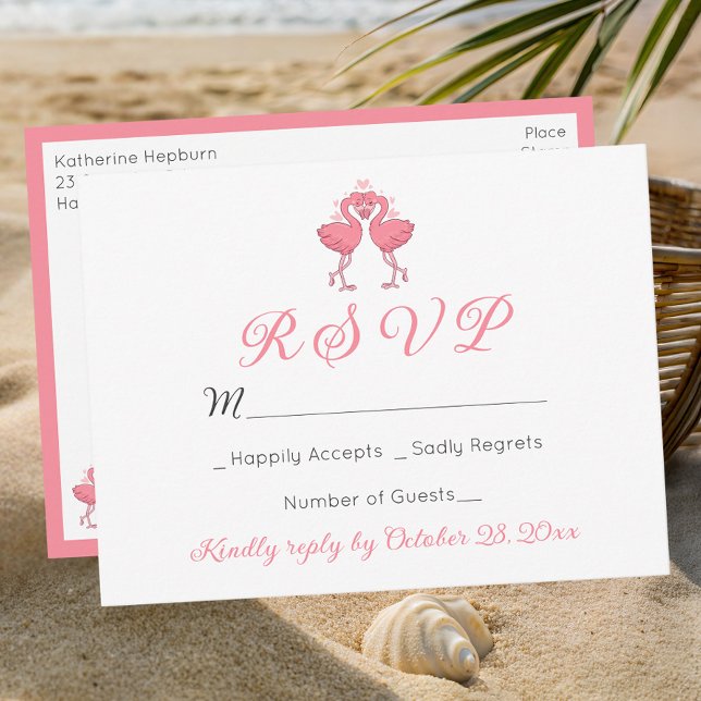 Postal Pink Flamingo Tropical Hawaiian Beach Wedding RSVP (Subido por el creador)