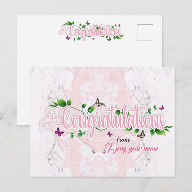 Postal Pink Floral Felicitaciones texto Postcard (Anverso / Reverso)