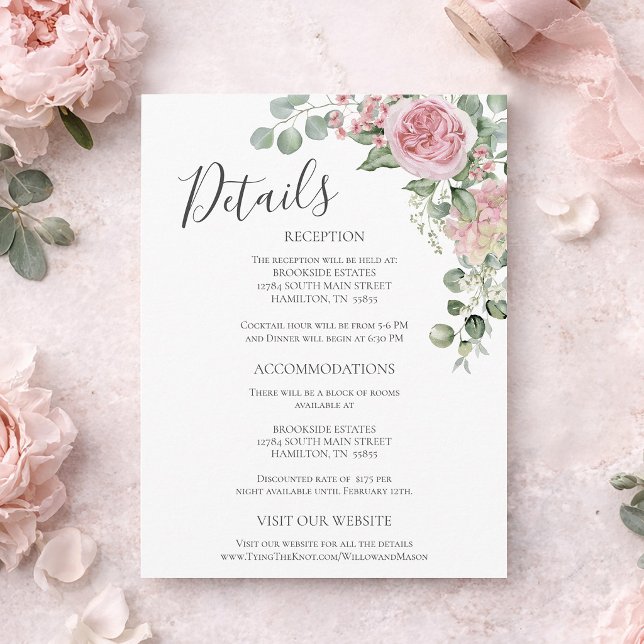 Postal Pink Floral Rose Wedding Details Enclosure Card (Pink Floral Rose Wedding Details Enclosure Card)