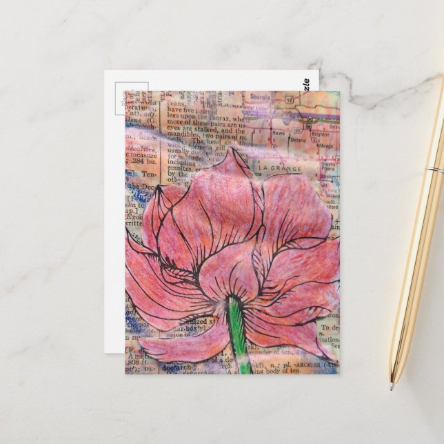 Postal Pink Flower Map and Words Mixed Media Collage (Anverso/Reverso In Situ)