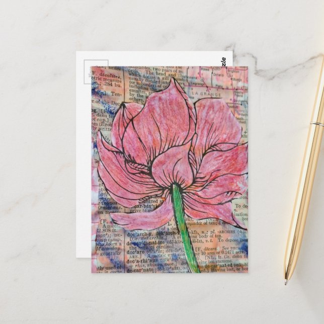 Postal Pink Flower Mixed Media Collage (Anverso/Reverso In Situ)
