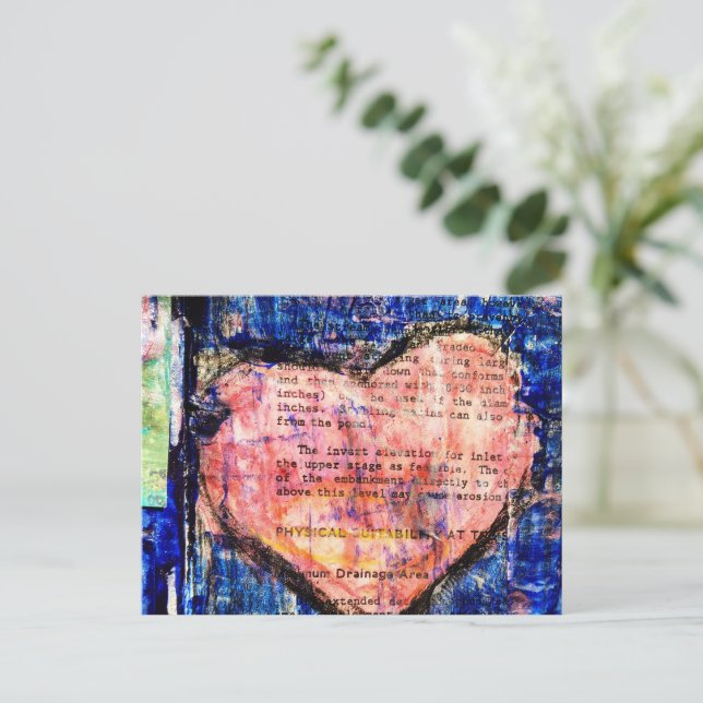 Postal Pink Heart on Blue Paint Mixed Media Art (Anverso de pie)