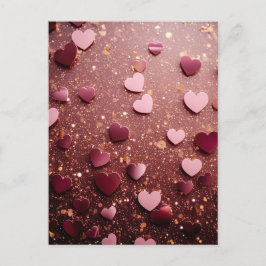 Postal pink hearts on a pink and golden glitter ground