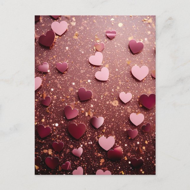 Postal pink hearts on a pink and golden glitter ground (Anverso)