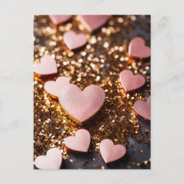 Postal pink hearts on golden glitter ground for valentine