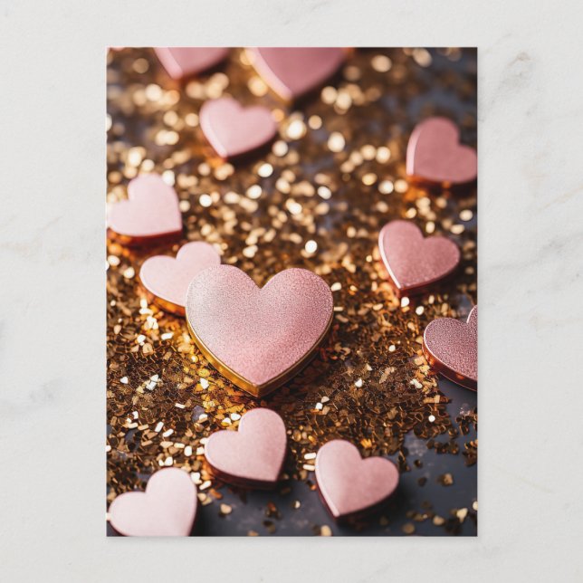 Postal pink hearts on golden glitter ground for valentine (Anverso)