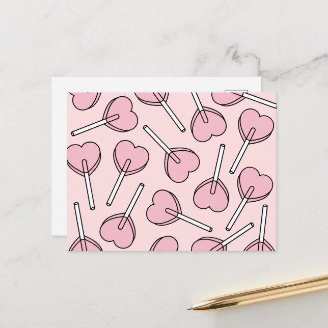 Postal Pink Lollipops, Heart Lollipops, Lollipop Pattern (Anverso/Reverso In Situ)