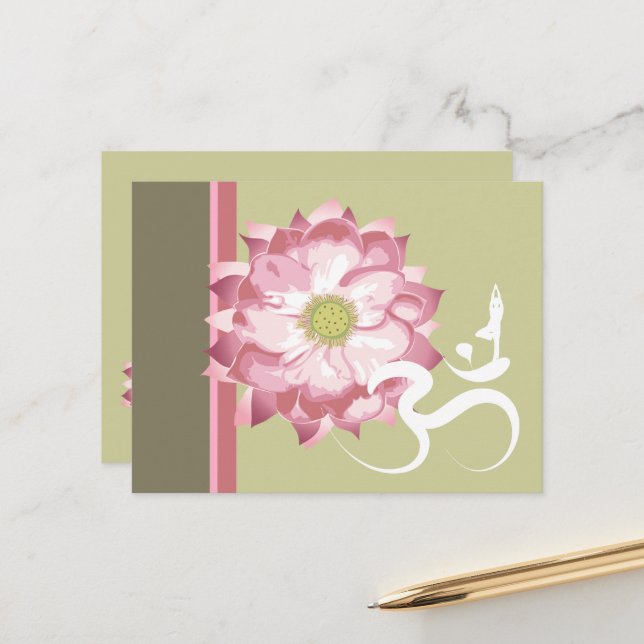 Postal Pink Lotus Flor Yoga & Zen Calligraphy Om Aum (Anverso/Reverso In Situ)