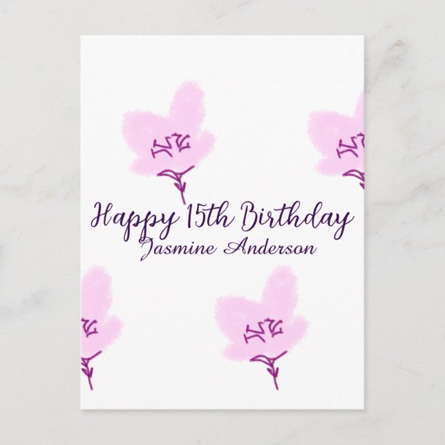 Postal Pink mauve floral 15th birthday quinceanera name d (Anverso)