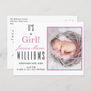 Postal Pink moderno ¡Es un Chica! Anuncio de nacimiento d