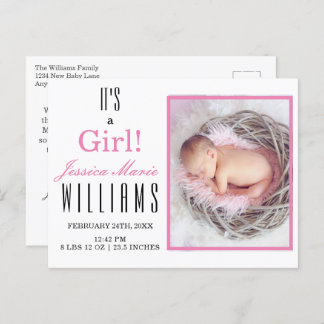 Postal Pink moderno ¡Es un Chica! Anuncio de nacimiento d