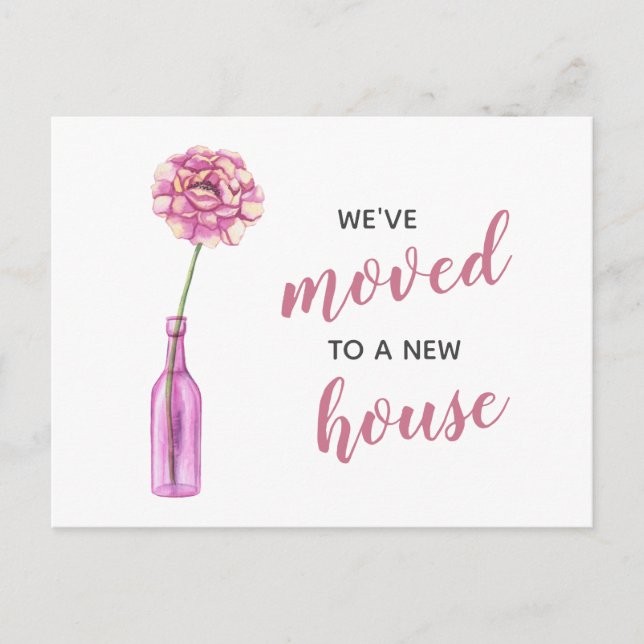 Postal Pink Peony Vase Hemos Mudado Nueva Dirección Movié (Anverso)