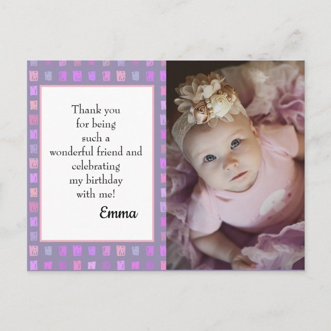 Postal Pink Purple Watercolor Birday Foto Gracias (Anverso)