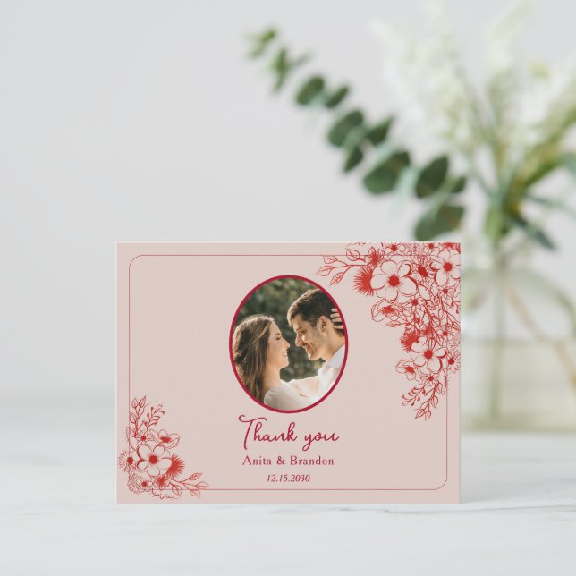 Postal Pink Red Floral Wedding Thank You (Anverso de pie)