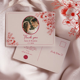 Postal Pink Red Floral Wedding Thank You