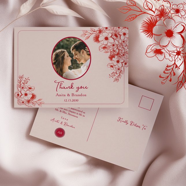 Postal Pink Red Floral Wedding Thank You (Subido por el creador)