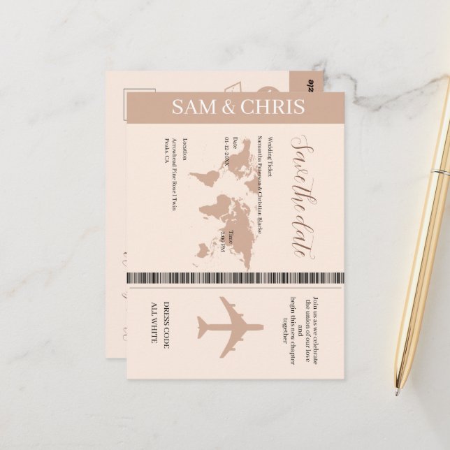 Postal Pink Salmon Boarding Pass World Map Travel (Anverso/Reverso In Situ)