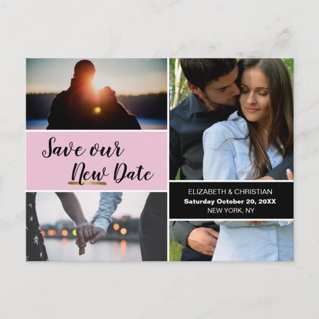 Postal Pink Save Our New Date Collage de fotos Boda (Anverso)