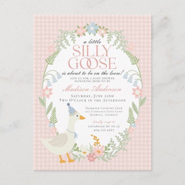 Postal Pink Silly Goose Floral Gingham Baby Shower (Anverso)