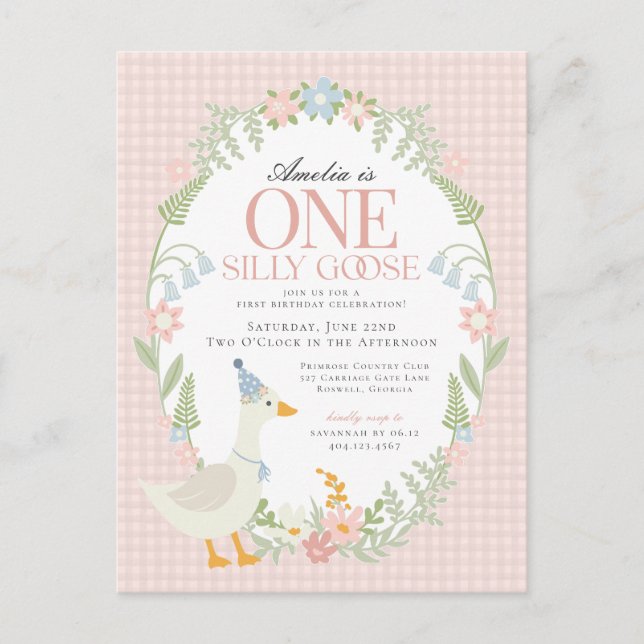 Postal Pink Silly Goose Floral Gingham Primer Cumpleaños (Anverso)