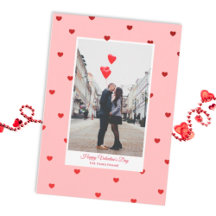 Pink Valentine’s Day photo card with red hearts