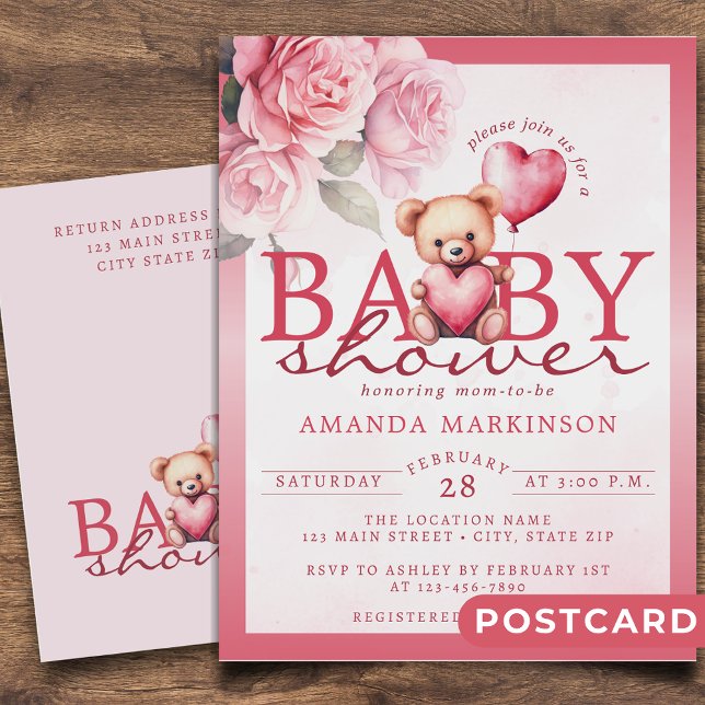 Postal Pink Watercolor Valentine Teddy Bear Baby Shower (Subido por el creador)