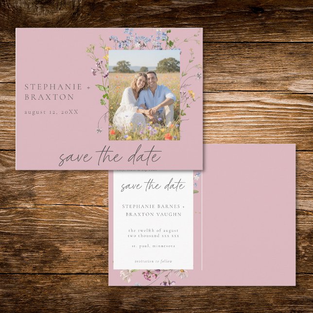 Postal Pink Wildflower Garden Elegant Photo Save the Date (Pink Wildflower Garden Elegant Photo Save the Date Postcard)