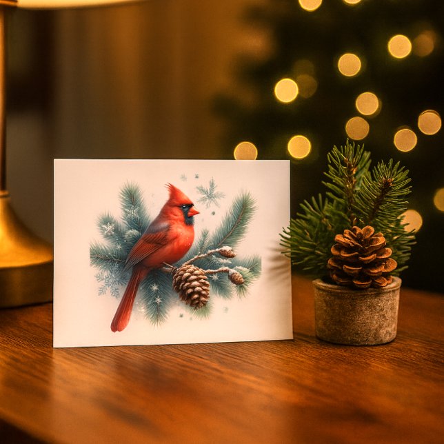 Postal Pino Cardinal de Invierno y Copos de Nieve (“Watercolor red cardinal on snowy pine with snowflakesa serene winter scene for holiday mailing.”)