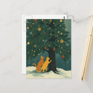 Postal Pino de Navidad y Dos Gatitos Rojos