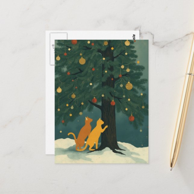 Postal Pino de Navidad y Dos Gatitos Rojos (Anverso/Reverso In Situ)
