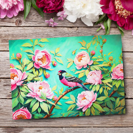 Postal Pino Peonía Gosbeak Arte Pintura al Óleo