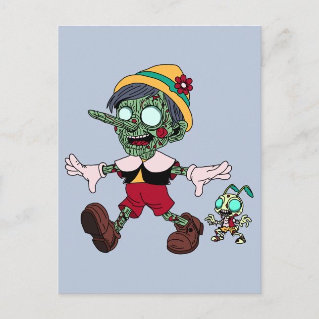 Postal Pinocho zombi y críquet (Anverso)
