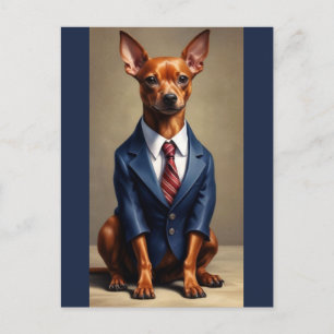 Postal Pinscher Miniatura Rojo con Traje y Corbata