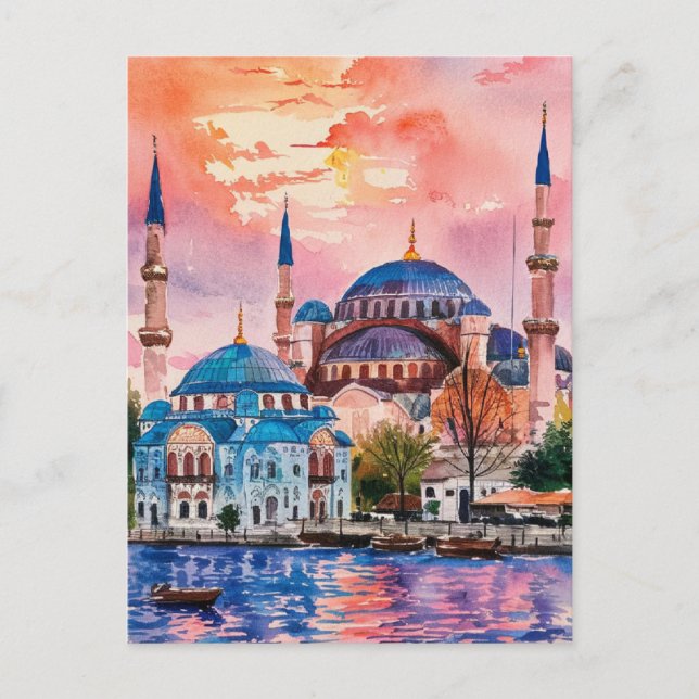 Postal Pintado de acuarela de Estambul Turquía (Anverso)