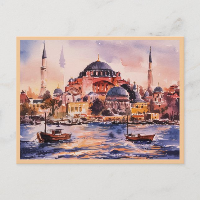 Postal Pintado de acuarela de Estambul Turquía (Anverso)