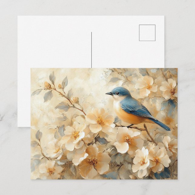 Postal Pintado de árbol con bavillas de pájaro azul (Anverso / Reverso)