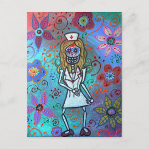 Postal Pintado de la enfermera II del Día de los Muertos