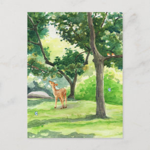 Postal Pintado de naturaleza ilustrado verde con ciervo