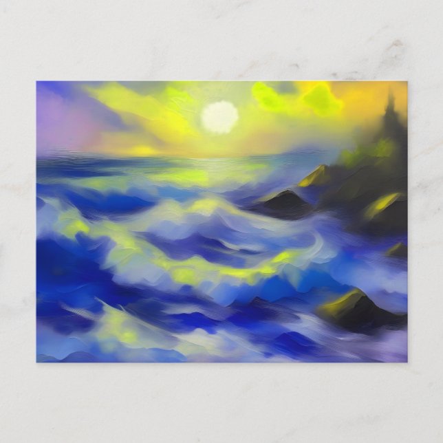Postal Pintado de olas de mar azul oscuro bajo el sol (Anverso)