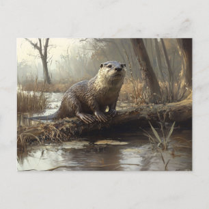 Postal Pintado de vida salvaje Rustic River Otter