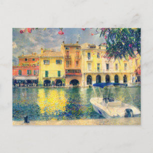 Postal Pintado del muelle del barco del lago de Garda