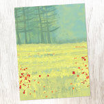 Postal Pintado paisajístico de Meadow<br><div class="desc">Un moderno cuadro paisajístico contemporáneo con una tranquila florida pradera de verano con pájaros volando contra el cielo y un bosque de pinos a lo lejos. Los colores amarillo y verde son frescos y edificantes. Arte original de Nic Squirrell.</div>