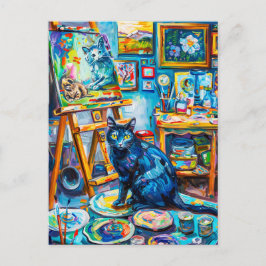 Postal Pintando un gato en el estudio de un pintor