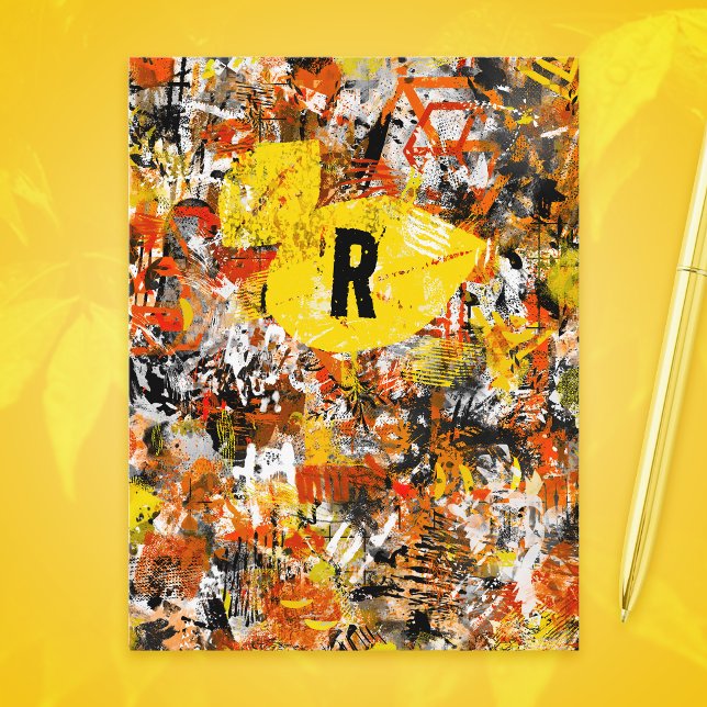Postal Pintura abstracta moderna de naranja amarillo Mono (Abstract digital painting, with two leaves and a custom monogram, - orange and yellow fall colors. )