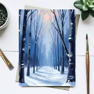 Postal Pintura Acuarela Bosque de Pinos Invierno
