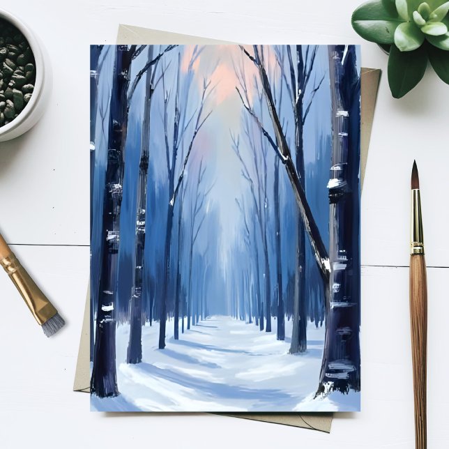 Postal Pintura Acuarela Bosque de Pinos Invierno (Subido por el creador)