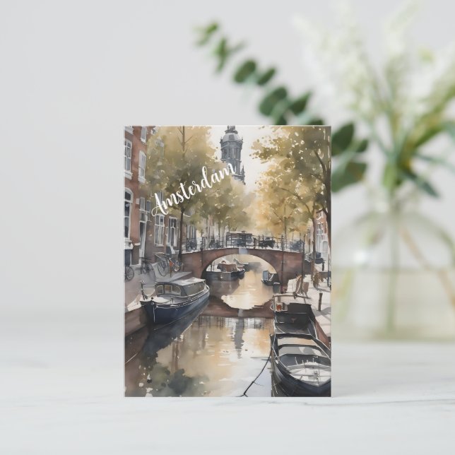 Postal pintura acuarela de Amsterdam (Anverso de pie)
