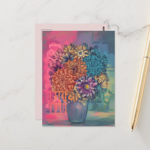 Postal pintura acuarela de flores en un jarrón
