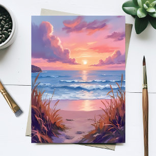 Postal Pintura Acuarela de la puesta de sol en la playa d