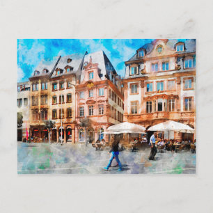 Postal Pintura acuarela de Market Square en Maguncia.